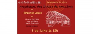 Cartaz vermelho sobre lançamento do livro de arquitetura vernacular por especialistas de sustentabilidade