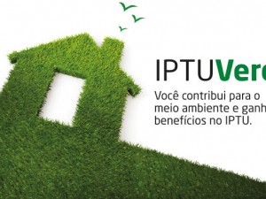 casa de grama em desenho com o escrito iptu verde, voce contribui para o meio ambiente e garante descontos no IPTU