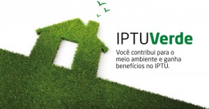 casa de grama em desenho com o escrito iptu verde, voce contribui para o meio ambiente e garante descontos no IPTU
